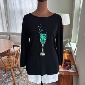 2000s Vintage Robbie Bee Champagne Sequin Embellished Top 3/4 Sleeve Y2K Medium